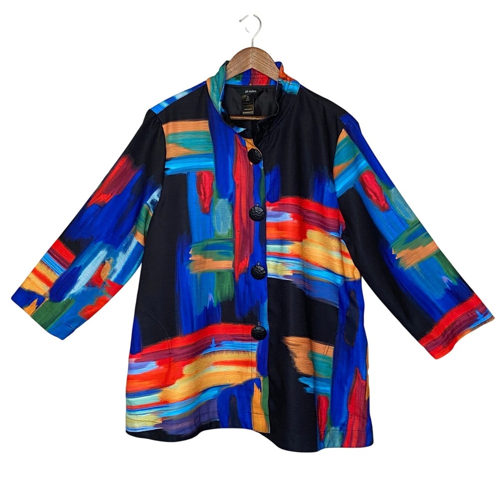 Ali Miles Womens Jacket XL Abstract Brushstroke Art Artsy Wired Collar Pockets